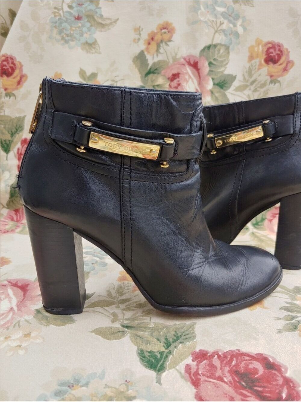 Tory Burch Black Leather Ankle Booties with Gold Plaque Women's 9